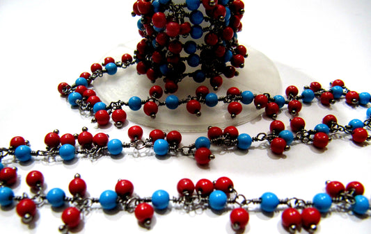 Smooth Coral Turquoise Plain Round Ball Beaded 3mm Cluster Dangling Wire Wrapped Chain Wholesale Prices Jewelry Making Chain sold per foot