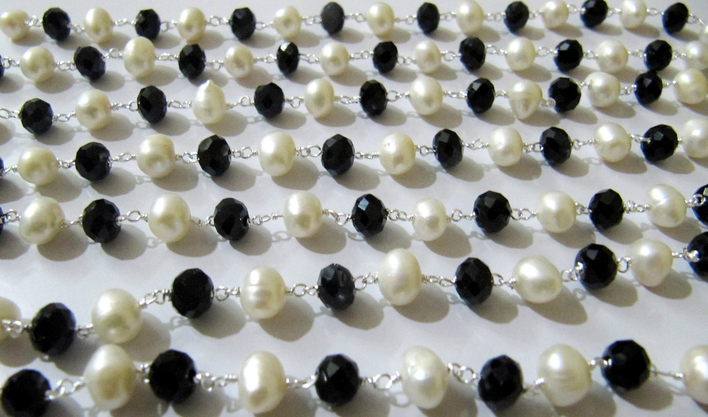 Natural Black Spinel And Pearl Beaded Chain 6mm Size Fresh Water Pearl Bead Rosary Chain Wholesale Prices gemstone chain sold per foot