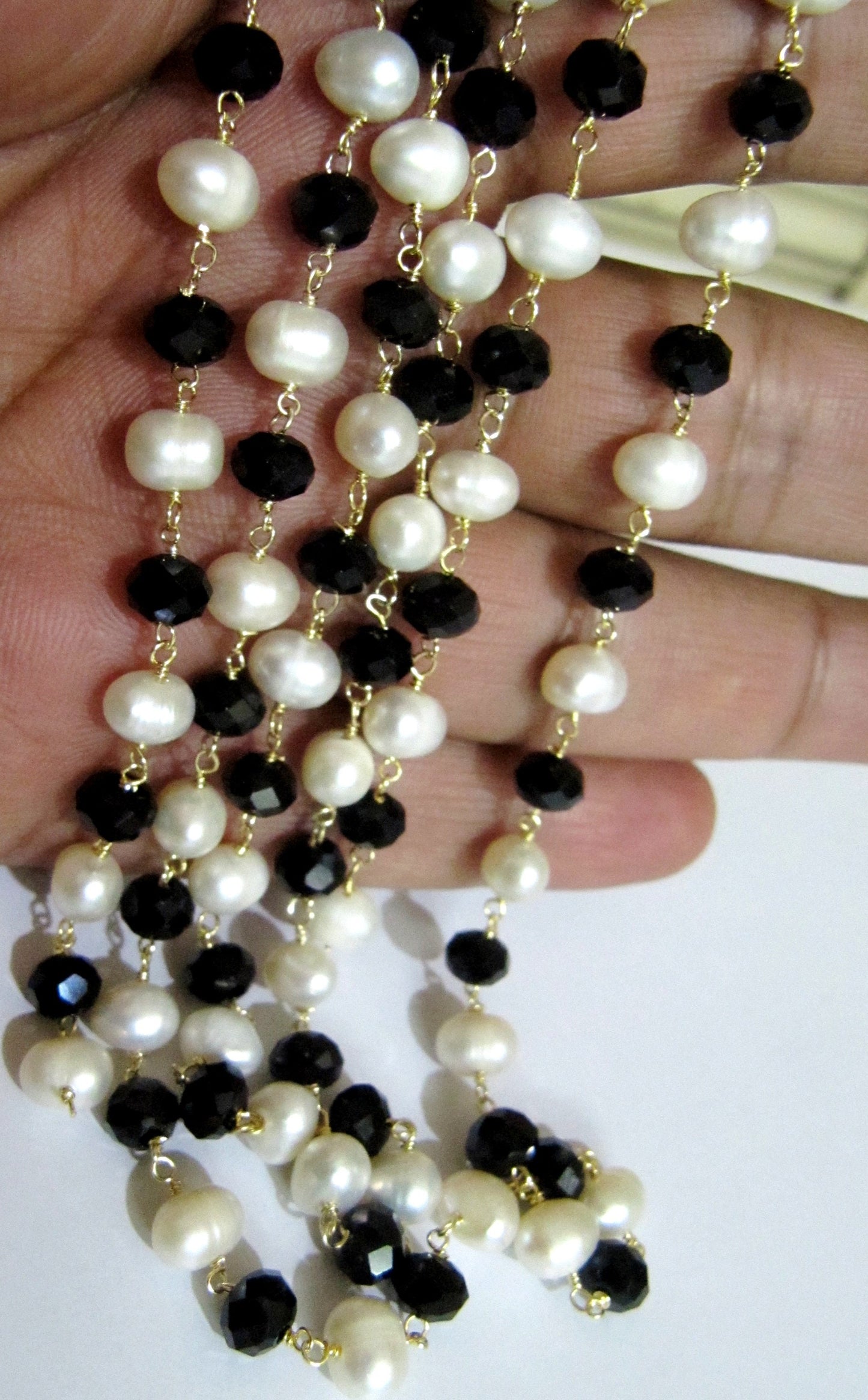 Natural Black Spinel And Pearl Beaded Chain 6mm Size Fresh Water Pearl Bead Rosary Chain Wholesale Prices gemstone chain sold per foot