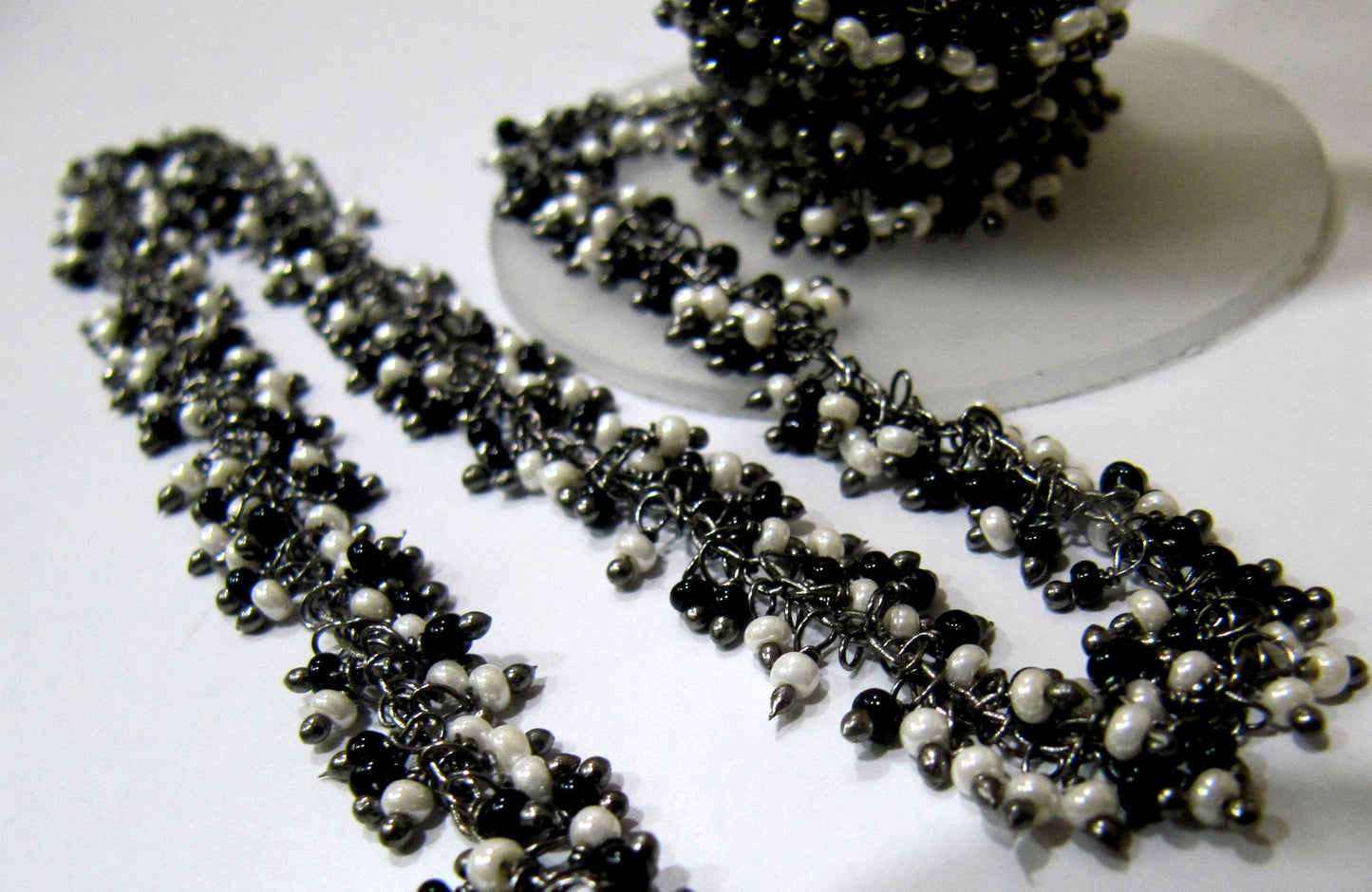 Pearl and Black Spinle 2mm Rondelle  Plain Smooth beads Wire Wrapped Chain Multi Beaded Cluster Dangling Handmade Beaded Chain sold per foot