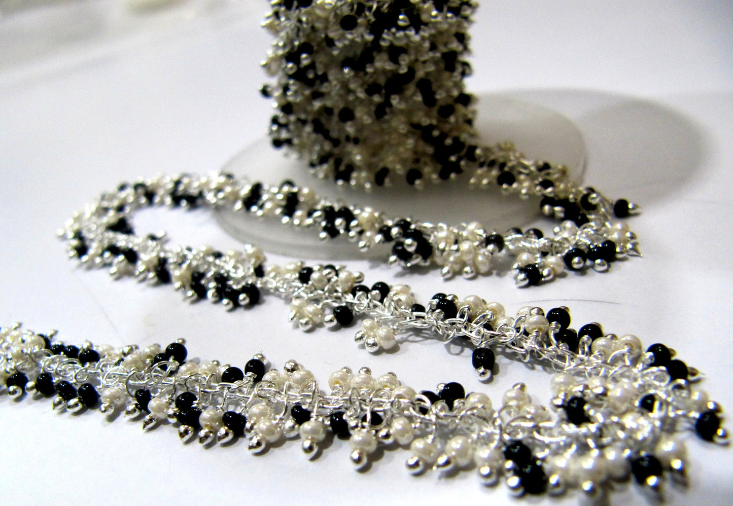 Pearl and Black Spinle 2mm Rondelle  Plain Smooth beads Wire Wrapped Chain Multi Beaded Cluster Dangling Handmade Beaded Chain sold per foot
