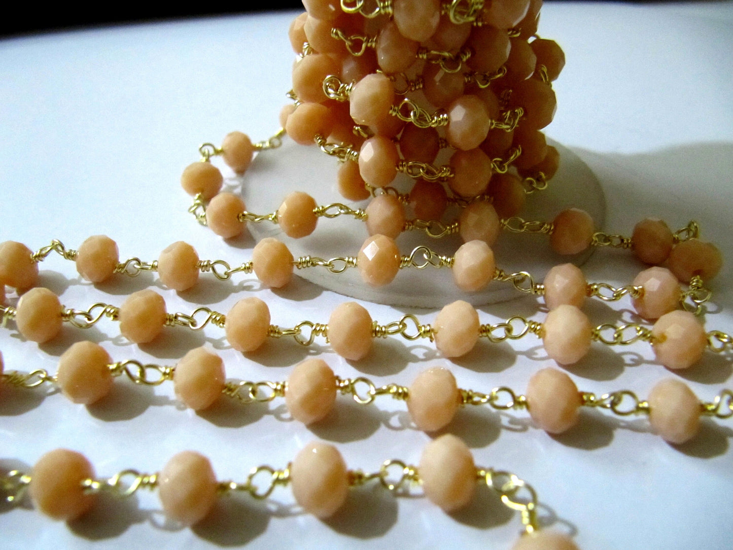 3 Feet- Pink Opal Quartz  Rondelle Faceted Beaded Wire Wrapped Rosary Aati Chain 6mm Size Pink Bead Chain Wholesale Prices gemstone chain