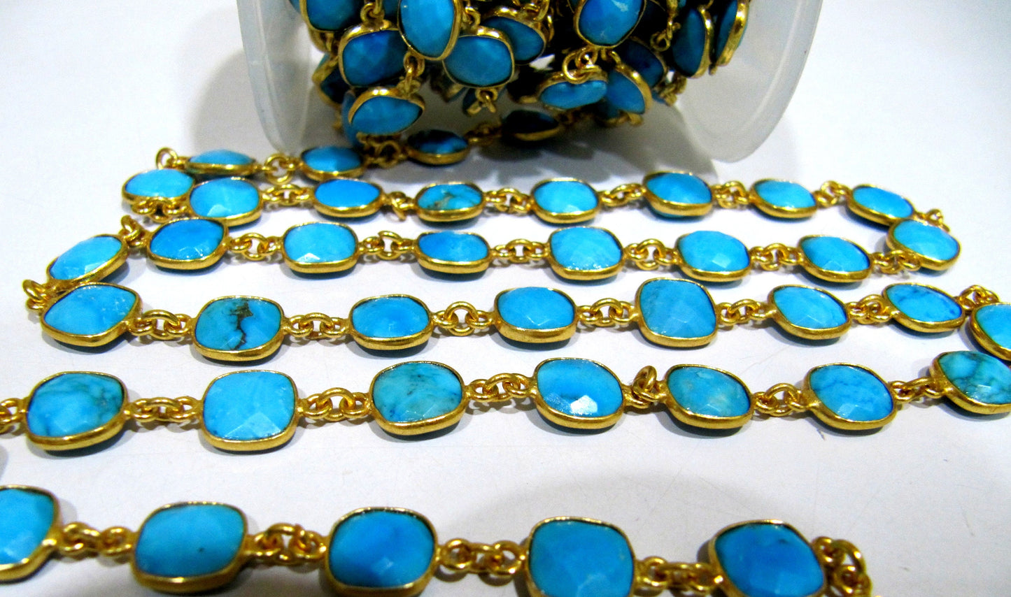 Natural Turquoise Magnesite Briolette Faceted Cushion shape 9mm size Bezel Connector Chain Wholesale Prices Handmade Jewelry chain per foot