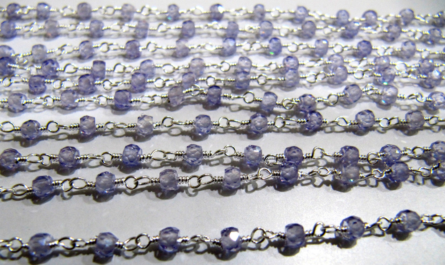 3 Feet - Amethyst Color Cubic Zirconia Rondelle Faceted 3mm Beaded Rosary Chain Gold/Silver/Black Plated  Wholesale Price
