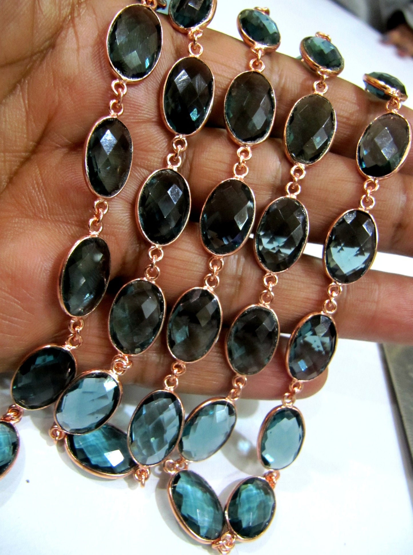 London Blue Topaz Quartz Oval Shape Bezel Connector Chain 10x13mm Size Chain Gold/Silver/Black/Rose gold Plated Wholesale Price