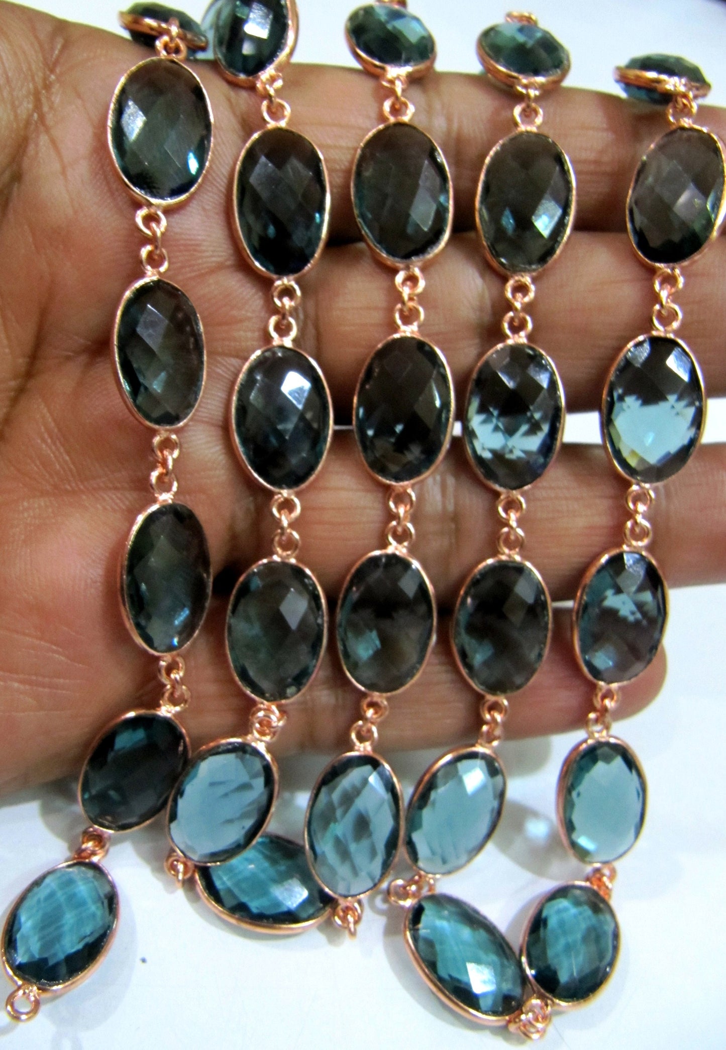 London Blue Topaz Quartz Oval Shape Bezel Connector Chain 10x13mm Size Chain Gold/Silver/Black/Rose gold Plated Wholesale Price