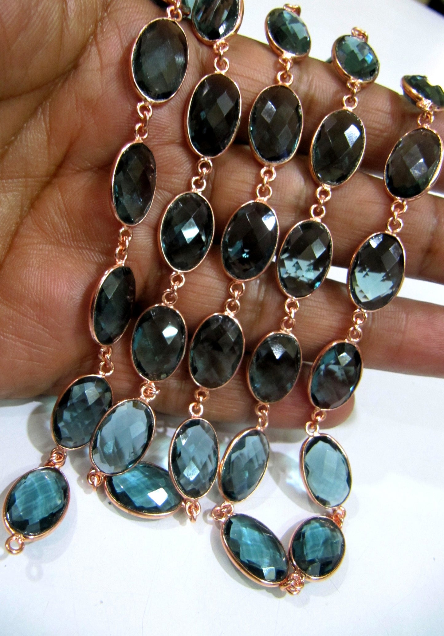 London Blue Topaz Quartz Oval Shape Bezel Connector Chain 10x13mm Size Chain Gold/Silver/Black/Rose gold Plated Wholesale Price