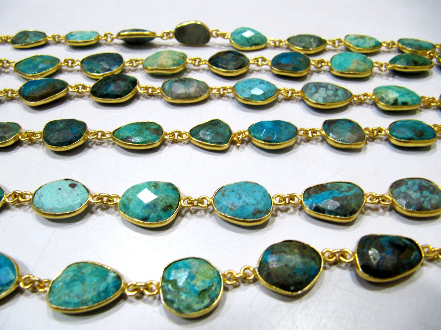 Natural Chrysocolla Briolette faceted Size 10 to 15mmConnector Bezel Chain Uneven Free Shape Sold Per Foot Wholesale Prices