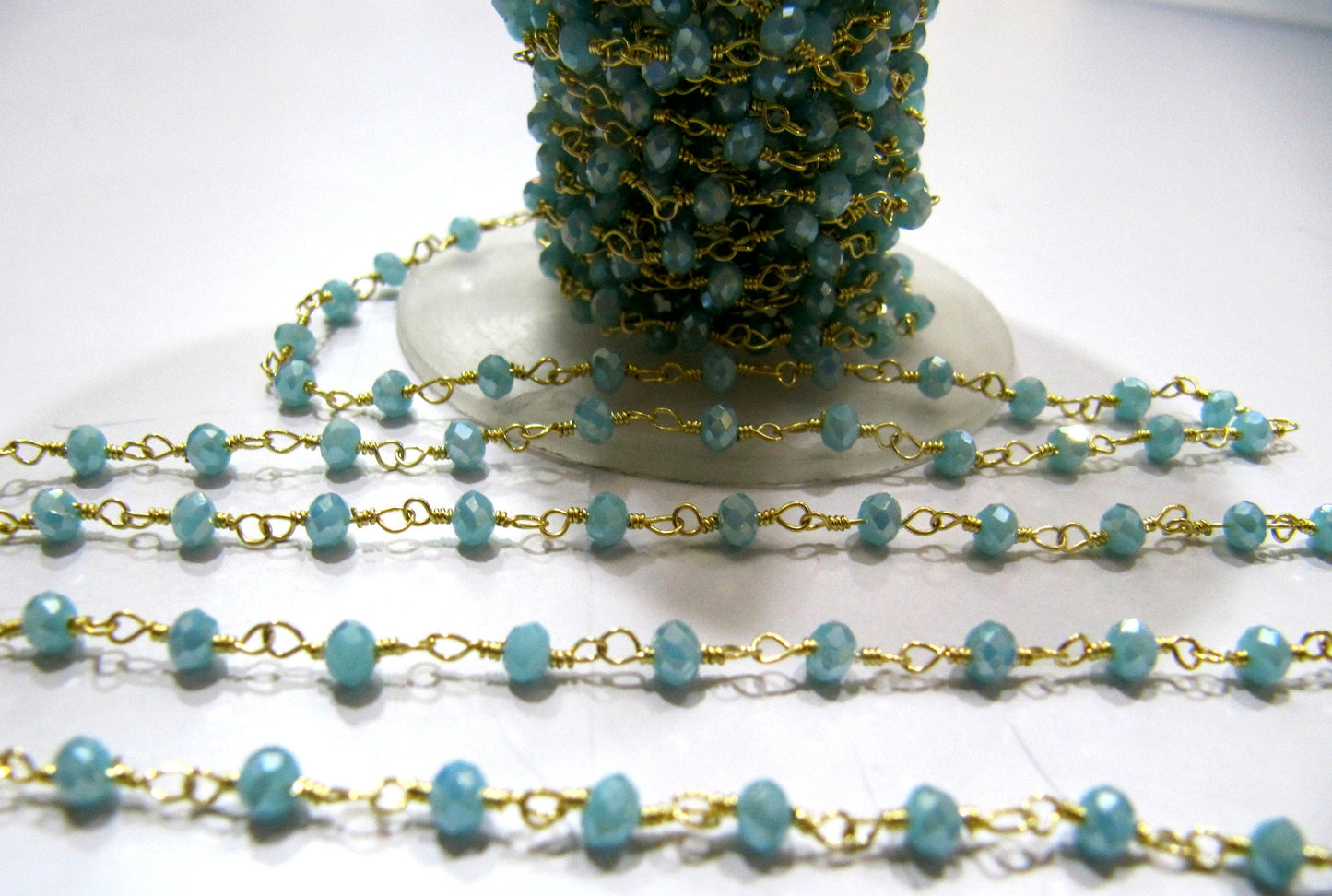 Mystic Aqua Chalcedony Rondelle Faceted 3-4mm Size Hydro Quartz Aati Chain Wire Wrapped Beads sold per foot Wholesale Prices