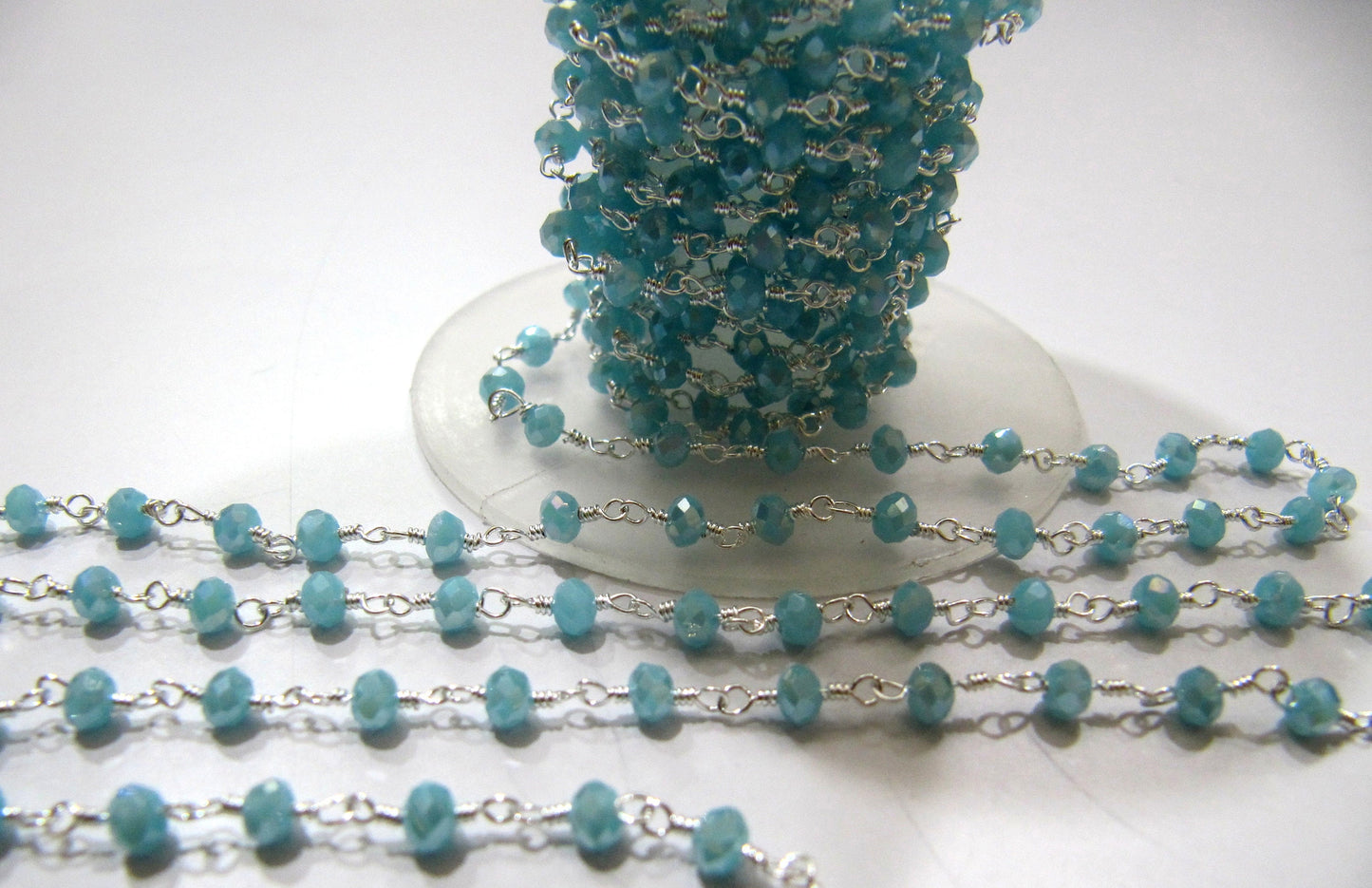 Mystic Aqua Chalcedony Rondelle Faceted 3-4mm Size Hydro Quartz Aati Chain Wire Wrapped Beads sold per foot Wholesale Prices