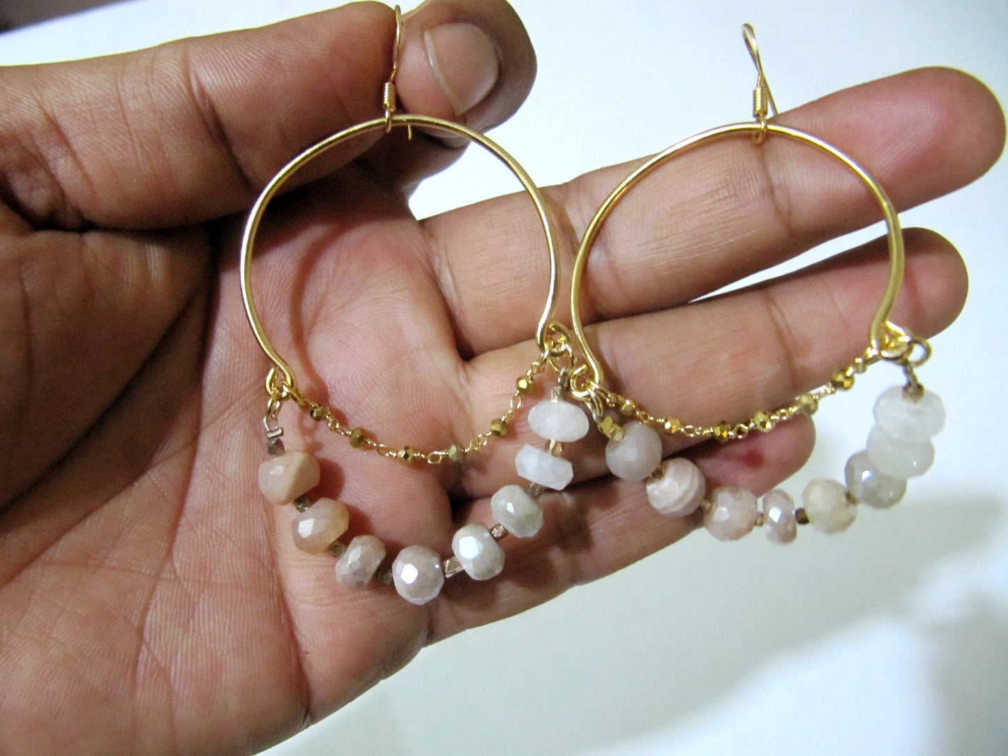 Natural Multi Moonstone Earrings Rondelle Faceted 7-8mm Mystic Coated Gemstone Beads Gold Plated Beaded Hoop Earring hand crafted Jewelry