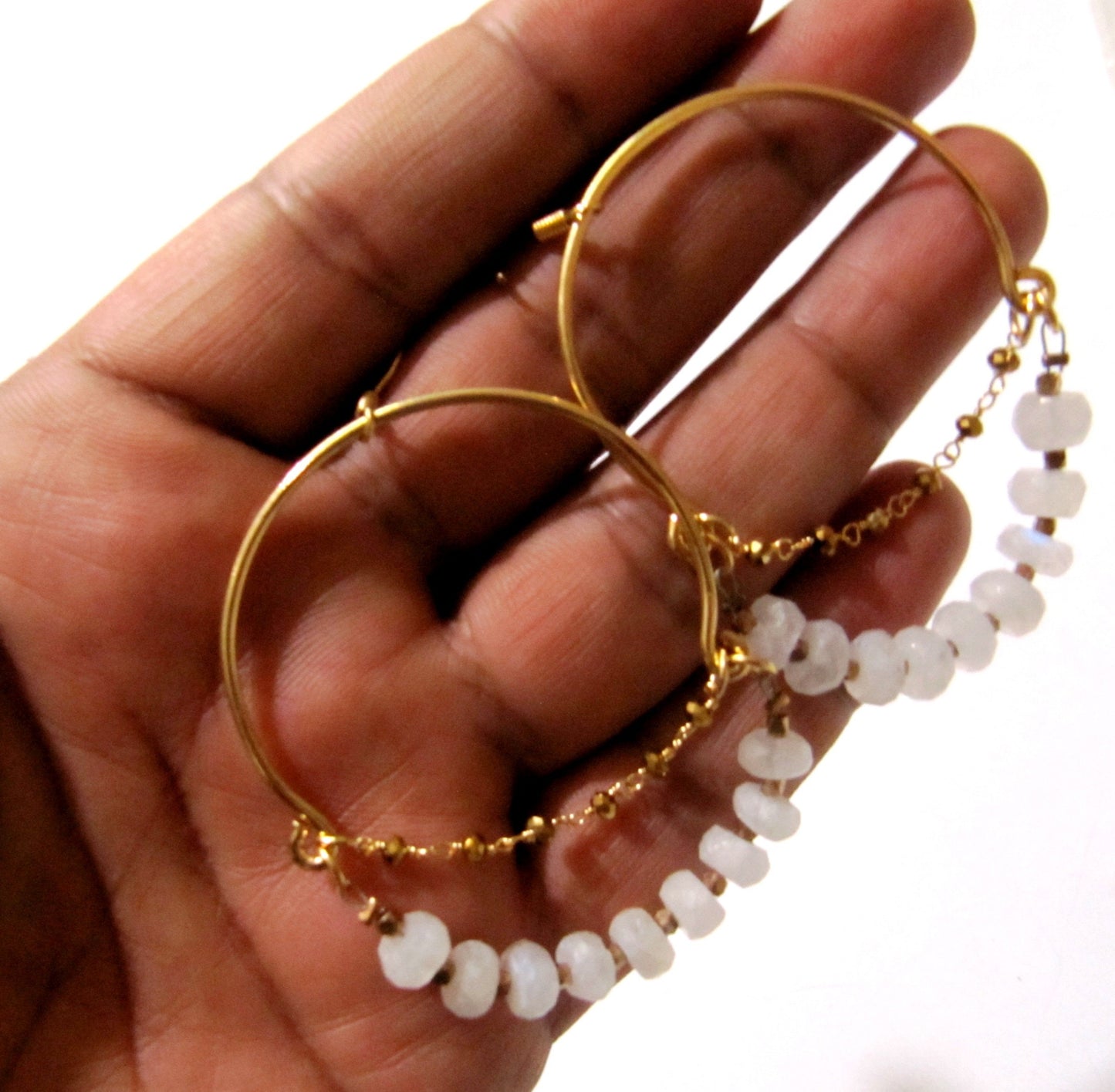 Natural White Moonstone Rondelle Faceted 7-8mm Gemstone Gold Plated Beaded Hoop Earring Wholesale Prices Handmade hand crafted Jewelry