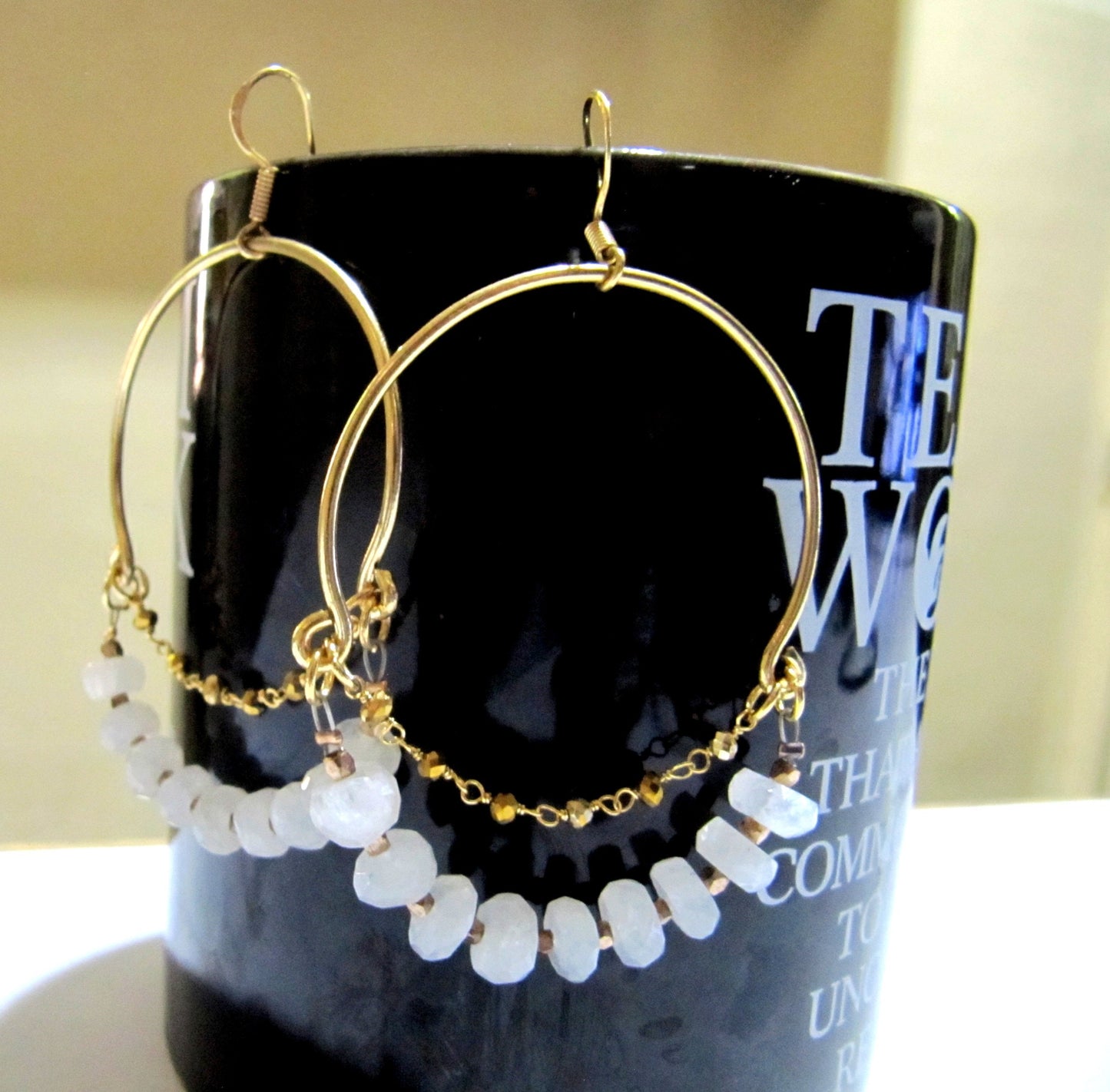 Natural White Moonstone Rondelle Faceted 7-8mm Gemstone Gold Plated Beaded Hoop Earring Wholesale Prices Handmade hand crafted Jewelry