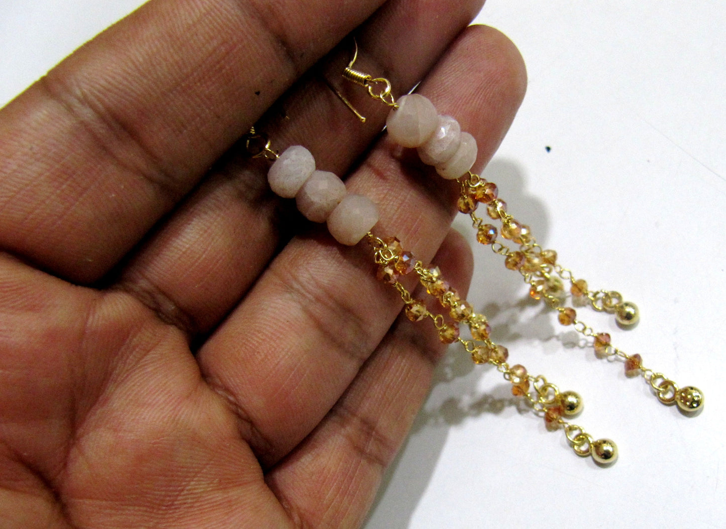 Handmade Beaded Earrings Natural Peach Moonstone Rondelle Faceted 7-8mm Gemstone Beads Gold Plated Dangling Earring hand crafted Jewelry