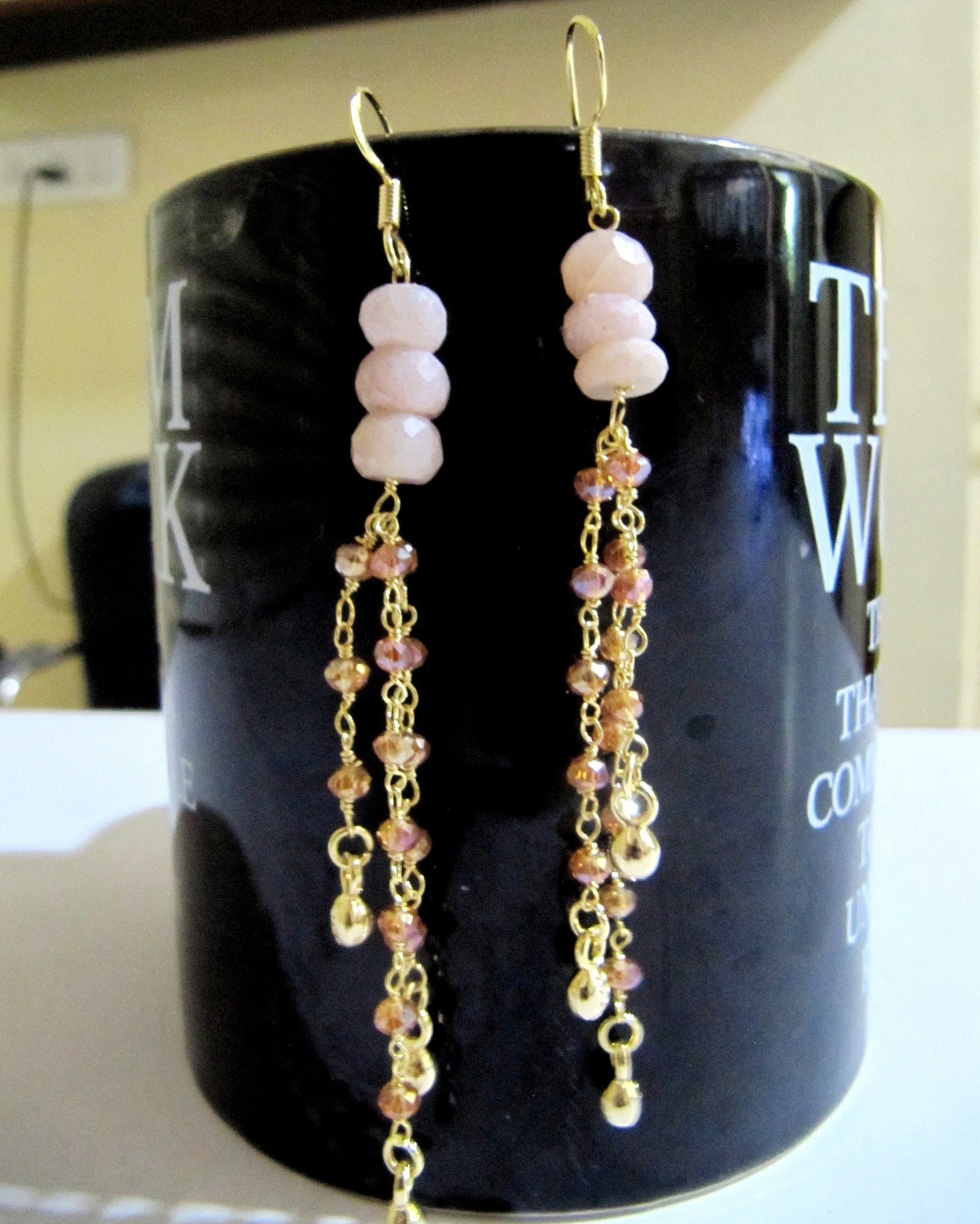 Handmade Beaded Earrings Natural Peach Moonstone Rondelle Faceted 7-8mm Gemstone Beads Gold Plated Dangling Earring hand crafted Jewelry