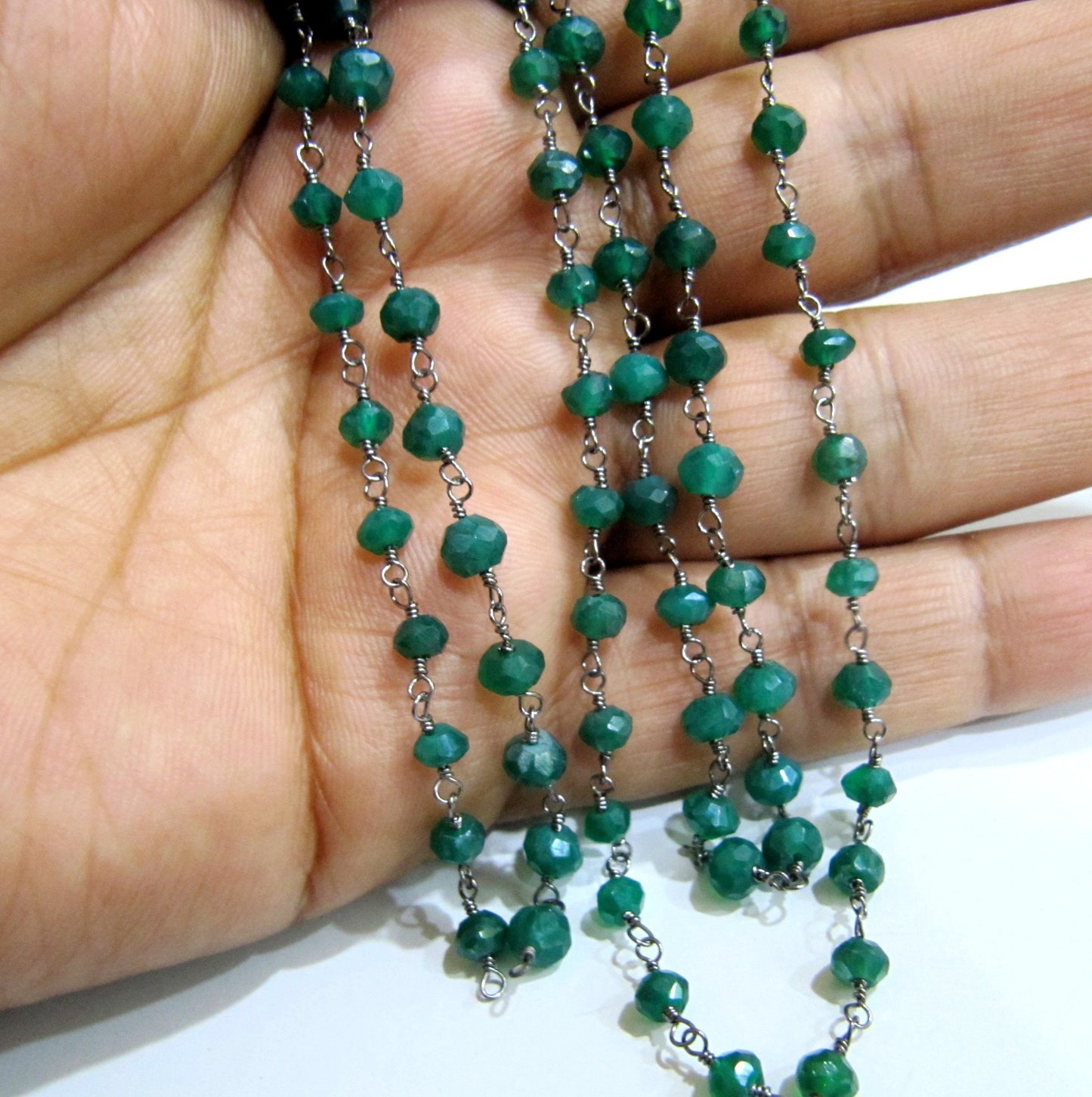 Natural Green onyx Rondelle Faceted 3-4mm Size Beaded Wire Wrapped Rosary chain Wholesale Prices Jewelry making chain sold per foot