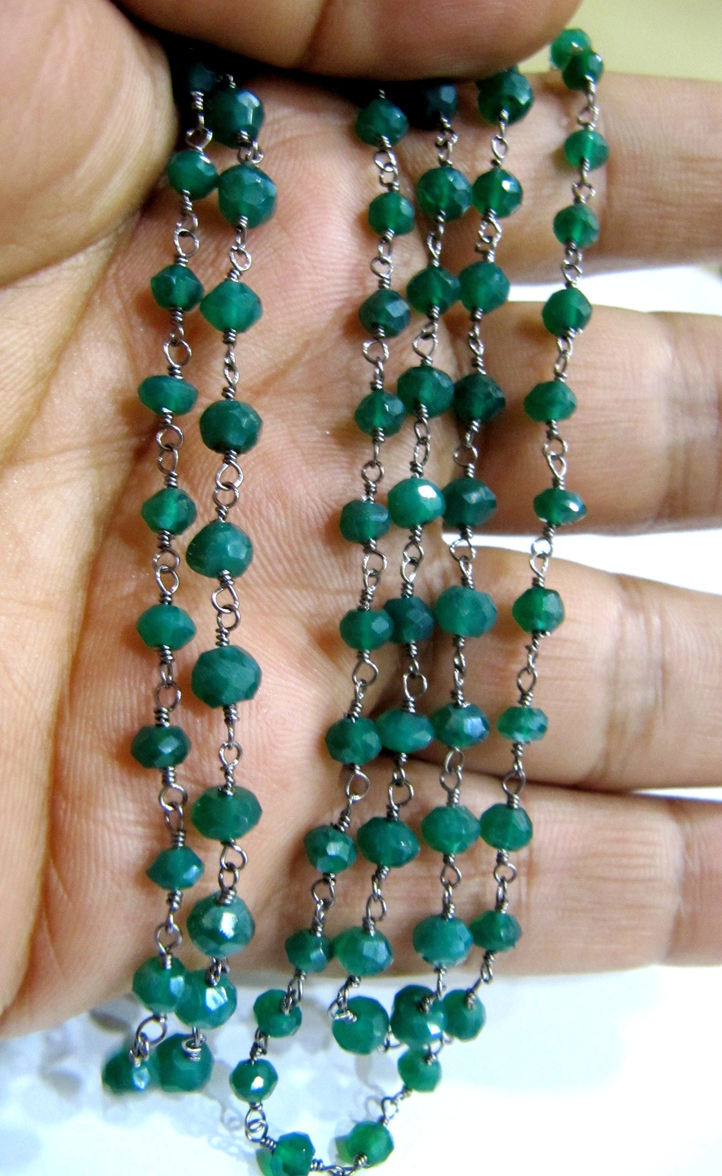 Natural Green onyx Rondelle Faceted 3-4mm Size Beaded Wire Wrapped Rosary chain Wholesale Prices Jewelry making chain sold per foot