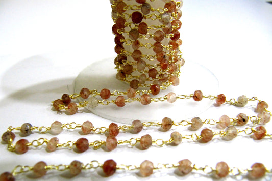 Copper Rutilated Quartz Rondelle Faceted 4mm Size wire wrapped aati beaded Rosary chain Sold Per Foot High Quality Wholesale Price