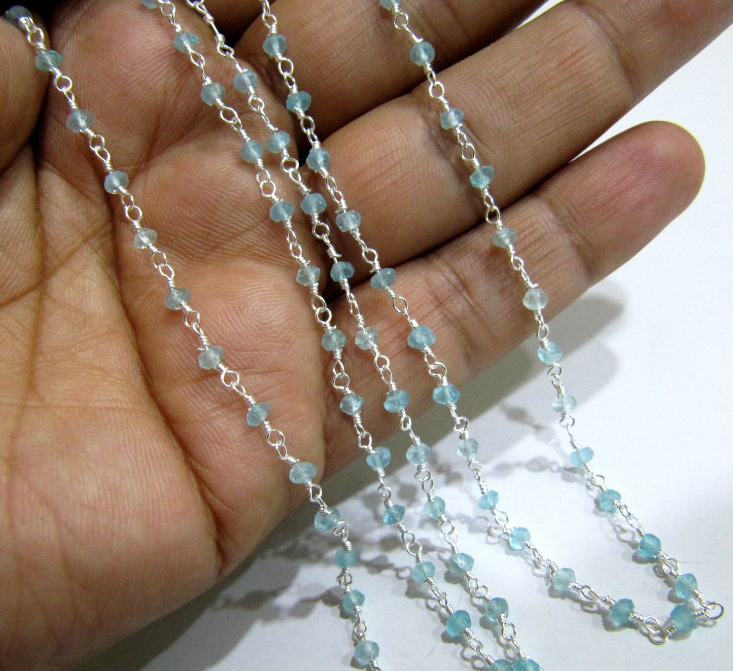 Natural Blue Apatite Rondelle Faceted Bead 3-4mm  Rosary Wire Wrapped  Handmade Beaded Chain Wholesale Prices sold per foot