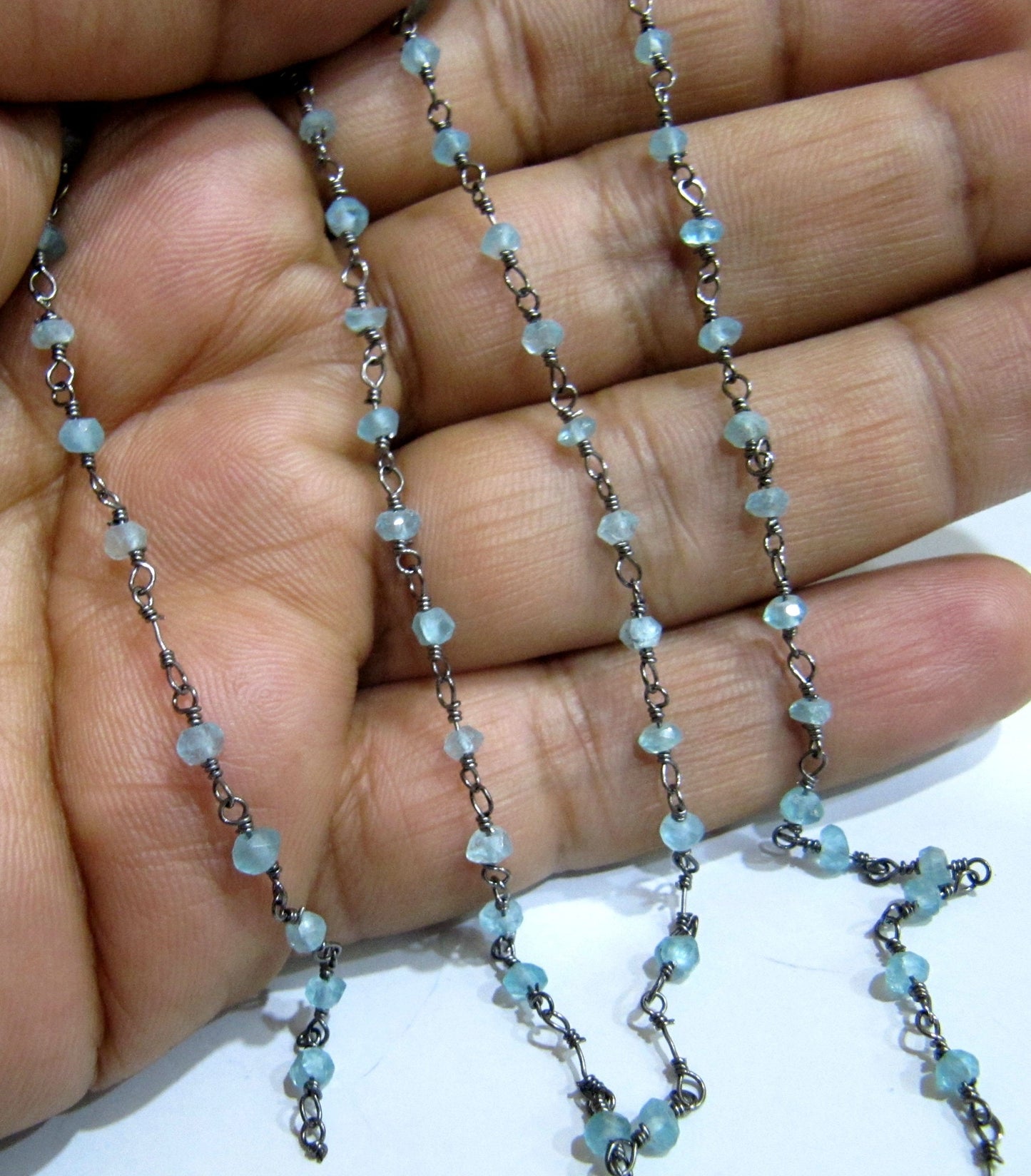 Natural Blue Apatite Rondelle Faceted Bead 3-4mm  Rosary Wire Wrapped  Handmade Beaded Chain Wholesale Prices sold per foot