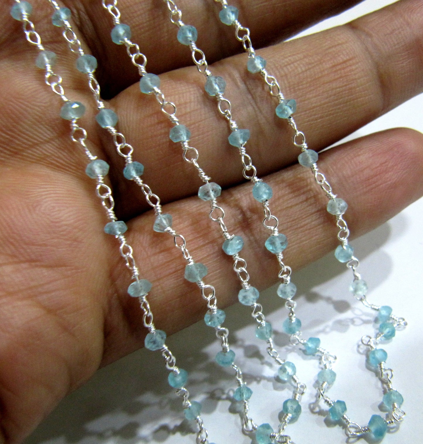Natural Blue Apatite Rondelle Faceted Bead 3-4mm  Rosary Wire Wrapped  Handmade Beaded Chain Wholesale Prices sold per foot