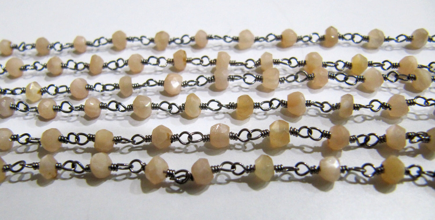 3 Feet-Natural Peach Moonstone Rondelle Faceted Beaded Rosary Chain 3-4mm  Wire Wrapped Beaded Chain Wholesale Prices