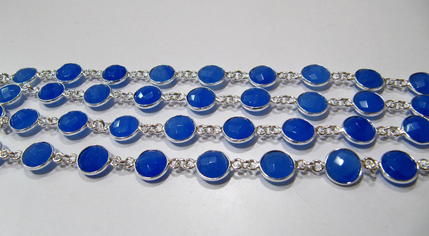 Blue Chalcedony Round Coin Shape 9mm Size Briolette Faceted Bezel Connector Chain Sold Per Foot Wholesale Price Jewelry Making Chain