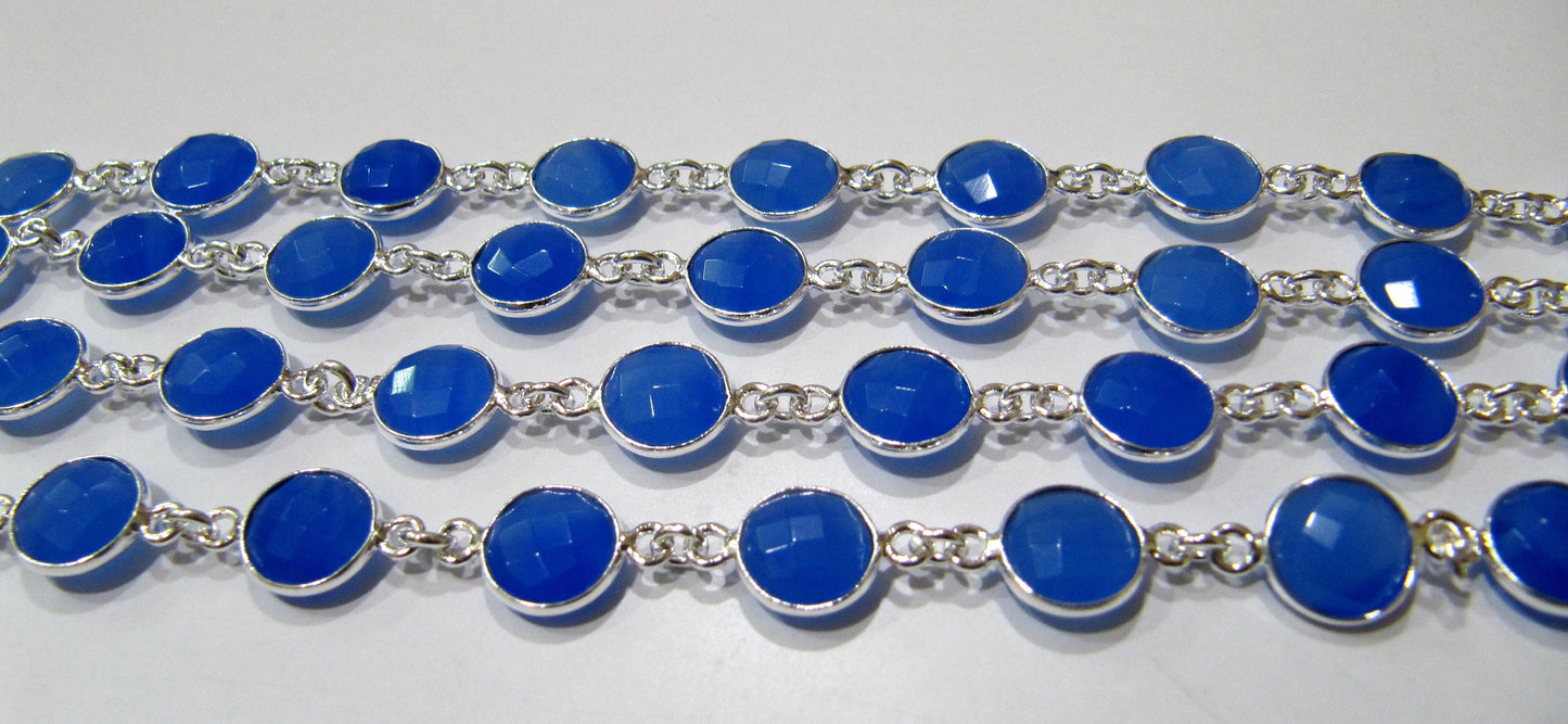 Blue Chalcedony Round Coin Shape 9mm Size Briolette Faceted Bezel Connector Chain Sold Per Foot Wholesale Price Jewelry Making Chain