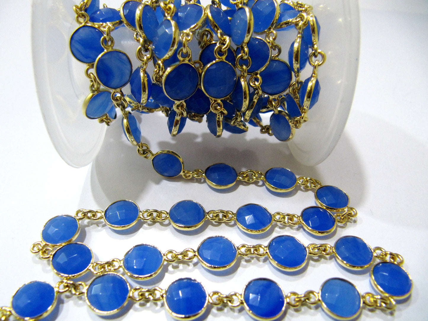 Blue Chalcedony Round Coin Shape 9mm Size Briolette Faceted Bezel Connector Chain Sold Per Foot Wholesale Price Jewelry Making Chain