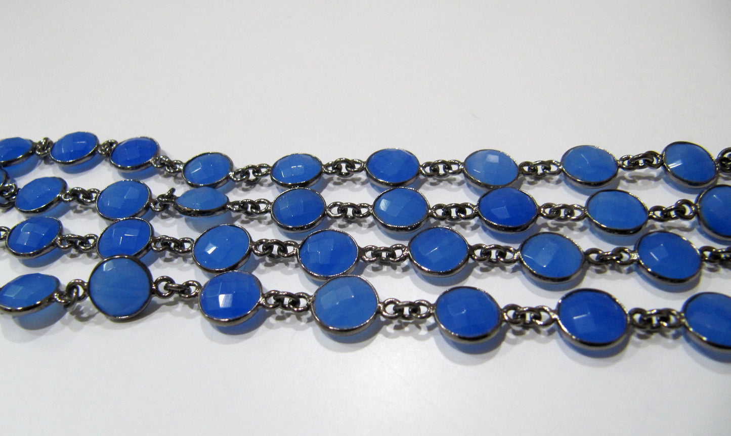 Blue Chalcedony Round Coin Shape 9mm Size Briolette Faceted Bezel Connector Chain Sold Per Foot Wholesale Price Jewelry Making Chain