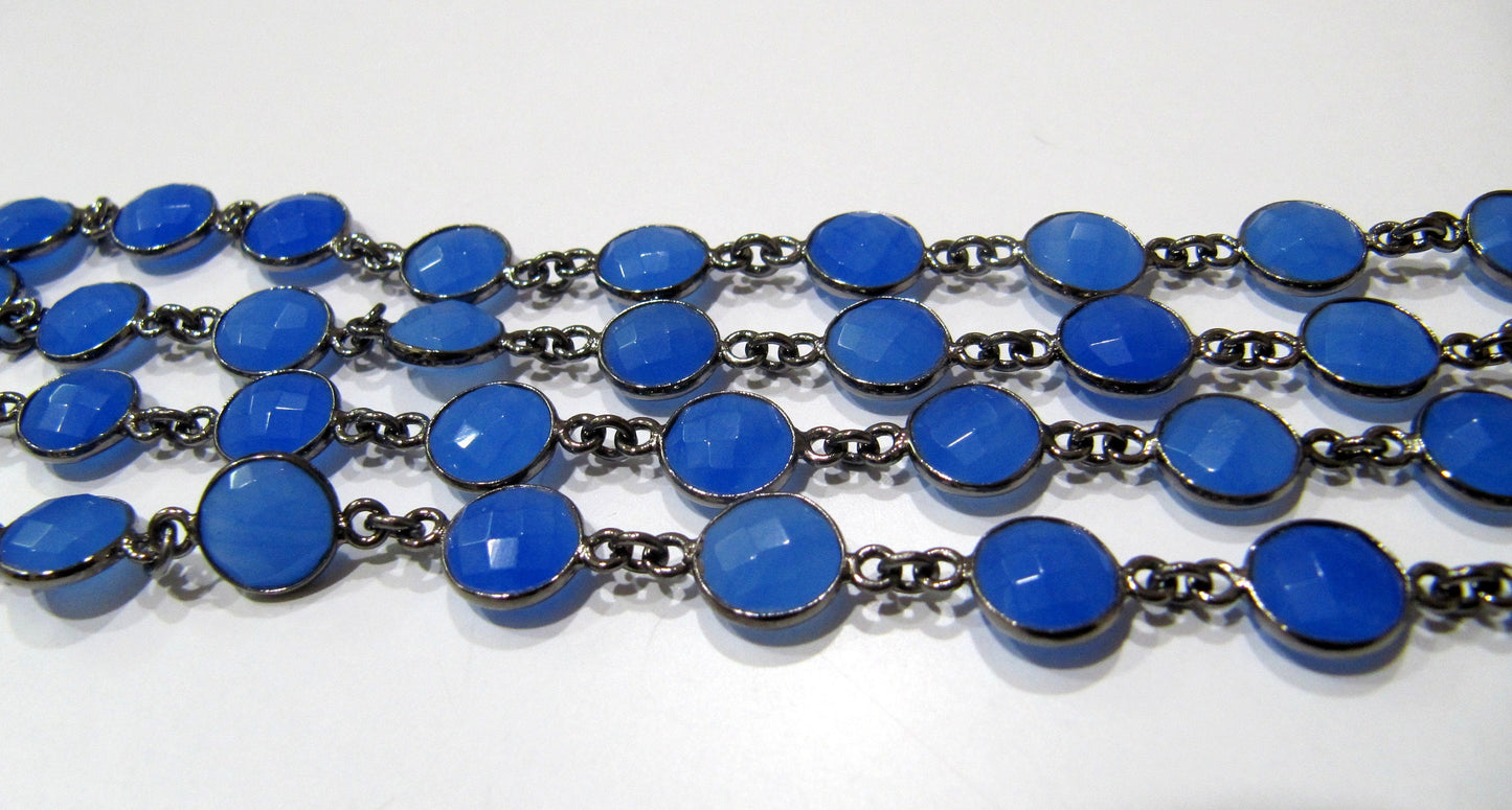 Blue Chalcedony Round Coin Shape 9mm Size Briolette Faceted Bezel Connector Chain Sold Per Foot Wholesale Price Jewelry Making Chain