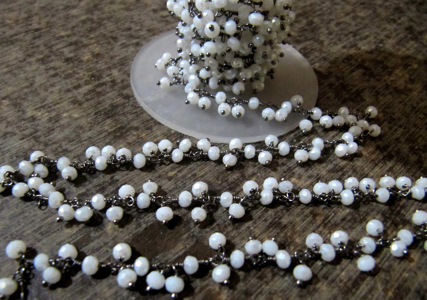 White Chalcedony Rondelle Faceted Beaded Dangling Thick  Chain 3mm Size White Hydro Quartz Bead Rosary Chain Wholesale Prices sold per foot