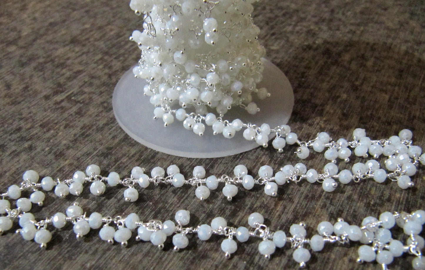 White Chalcedony Rondelle Faceted Beaded Dangling Thick  Chain 3mm Size White Hydro Quartz Bead Rosary Chain Wholesale Prices sold per foot