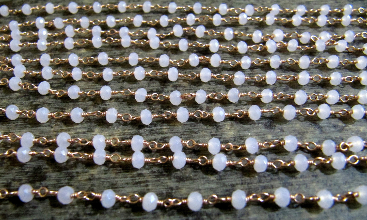 3 Feet -Rose Quartz Rondelle Faceted 3-4mm Beaded Wire Wrapped Rosary Chain ,Gold/Silver/Black/RoseGold Plated Sterling Silver Wholesale