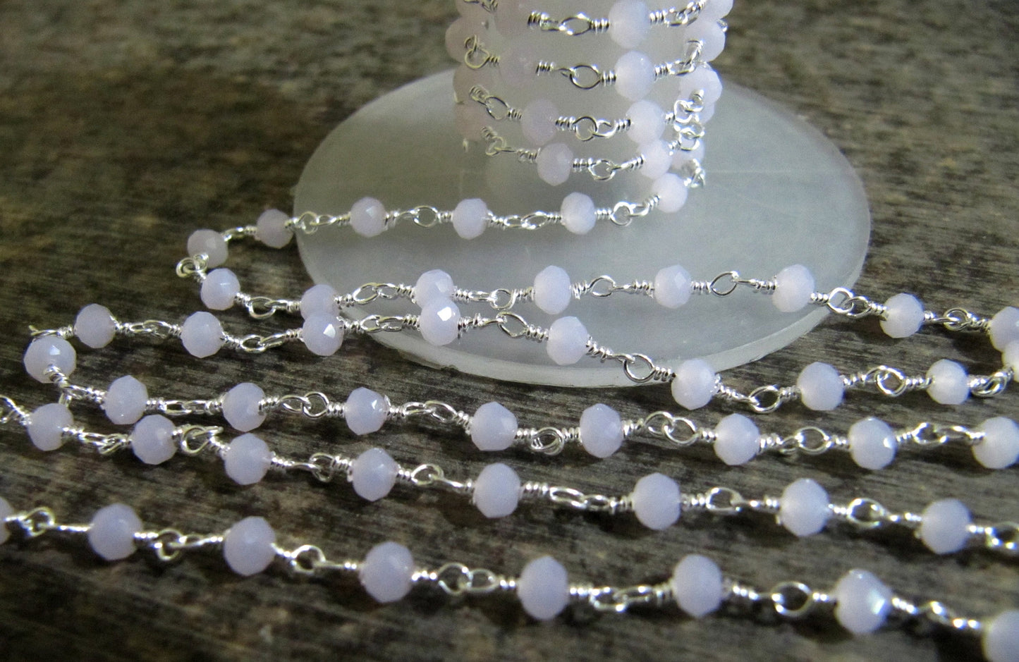 3 Feet -Rose Quartz Rondelle Faceted 3-4mm Beaded Wire Wrapped Rosary Chain ,Gold/Silver/Black/RoseGold Plated Sterling Silver Wholesale