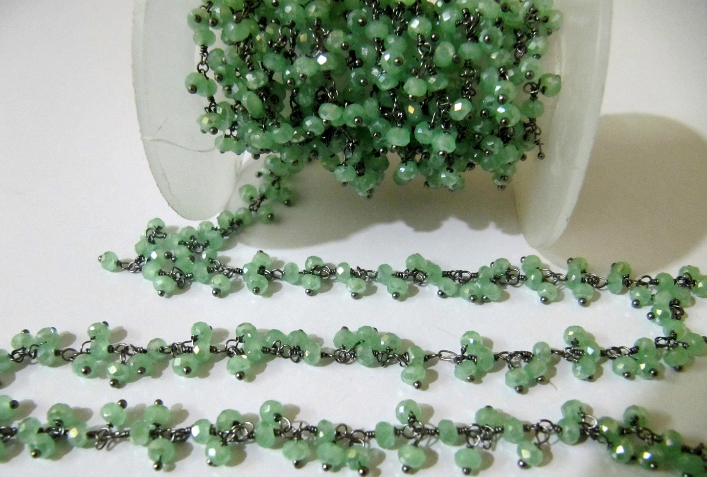 Mystic Coated Green Chalcedony Rondelle Faceted 2.5-3mm Size Beaded Cluster dangling Chain Wholesale Prices sold per foot