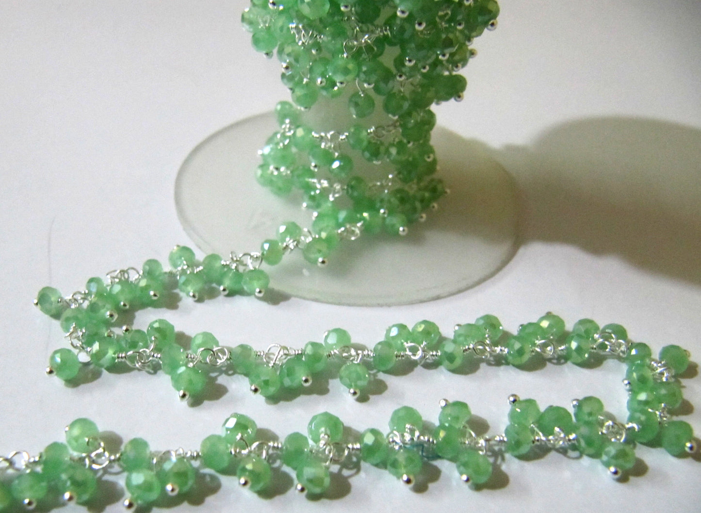 Mystic Coated Green Chalcedony Rondelle Faceted 2.5-3mm Size Beaded Cluster dangling Chain Wholesale Prices sold per foot