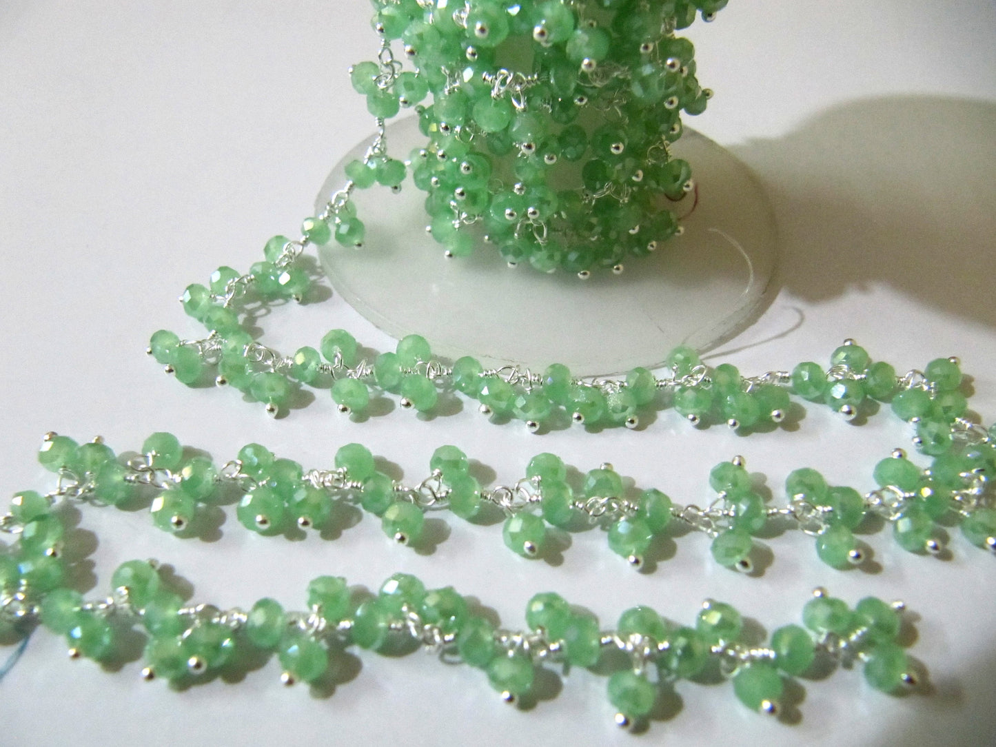 Mystic Coated Green Chalcedony Rondelle Faceted 2.5-3mm Size Beaded Cluster dangling Chain Wholesale Prices sold per foot