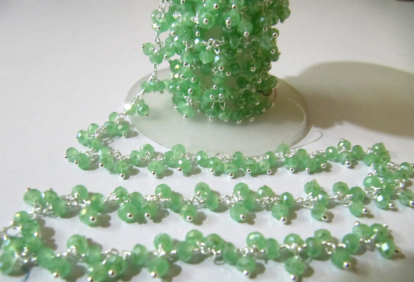 Mystic Coated Green Chalcedony Rondelle Faceted 2.5-3mm Size Beaded Cluster dangling Chain Wholesale Prices sold per foot