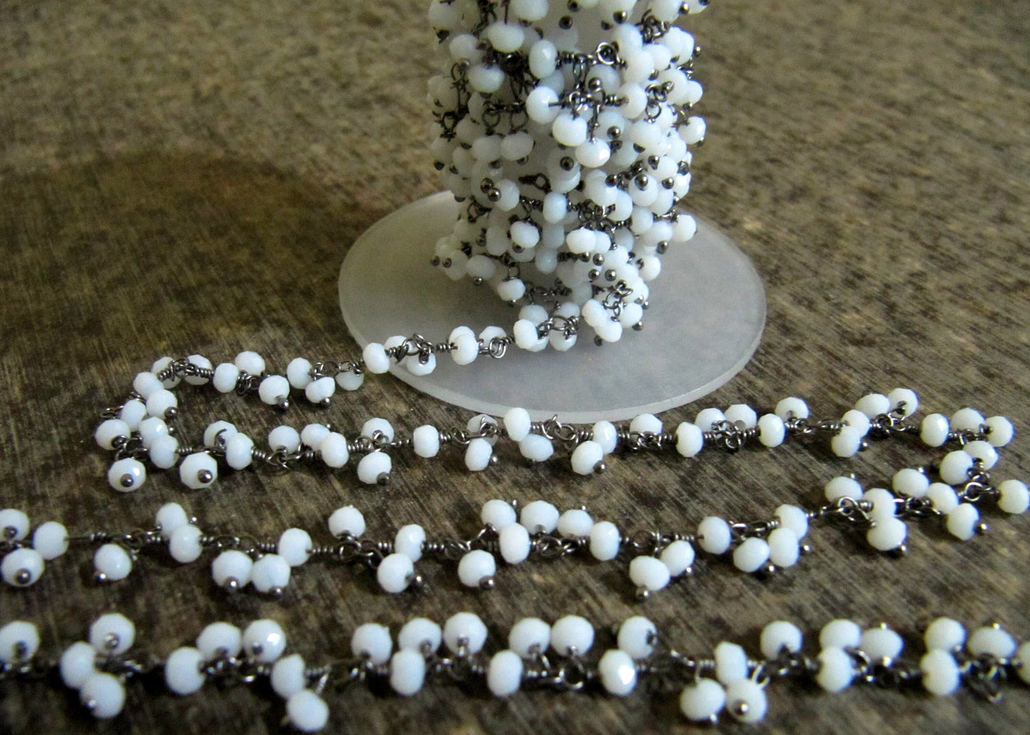 1 Foot-: White Chalcedony rondelle faceted 3-4mm size Beaded Wire Wrapped dangling cluster thick chain wholesale Prices
