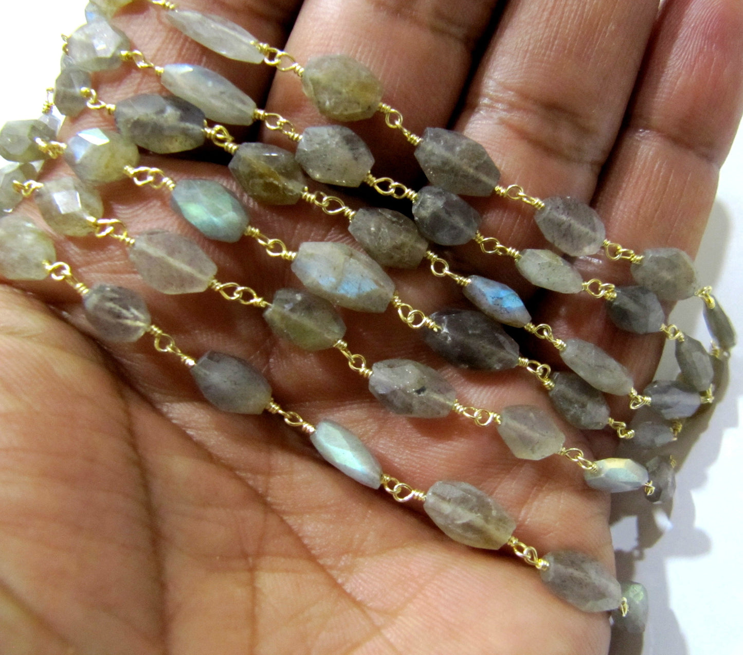 Natural Labradorite  Oval Faceted Gray Beaded Rosary Chain High Quality Semi Precious Beads Wholesale Prices Gemstone chain sold per foot