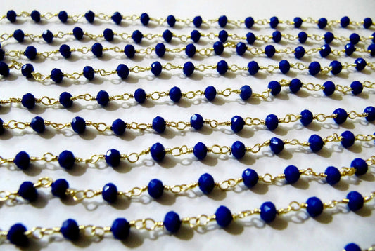 1 Foot-: Peacock Blue Color Hydro Quartz Rondelle Faceted 3-4mm Size Beaded Wire Wrapped Rosary Chain Wholesale Prices