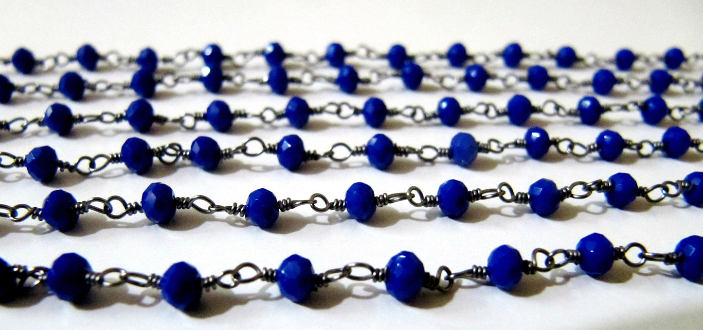 1 Foot-: Peacock Blue Color Hydro Quartz Rondelle Faceted 3-4mm Size Beaded Wire Wrapped Rosary Chain Wholesale Prices