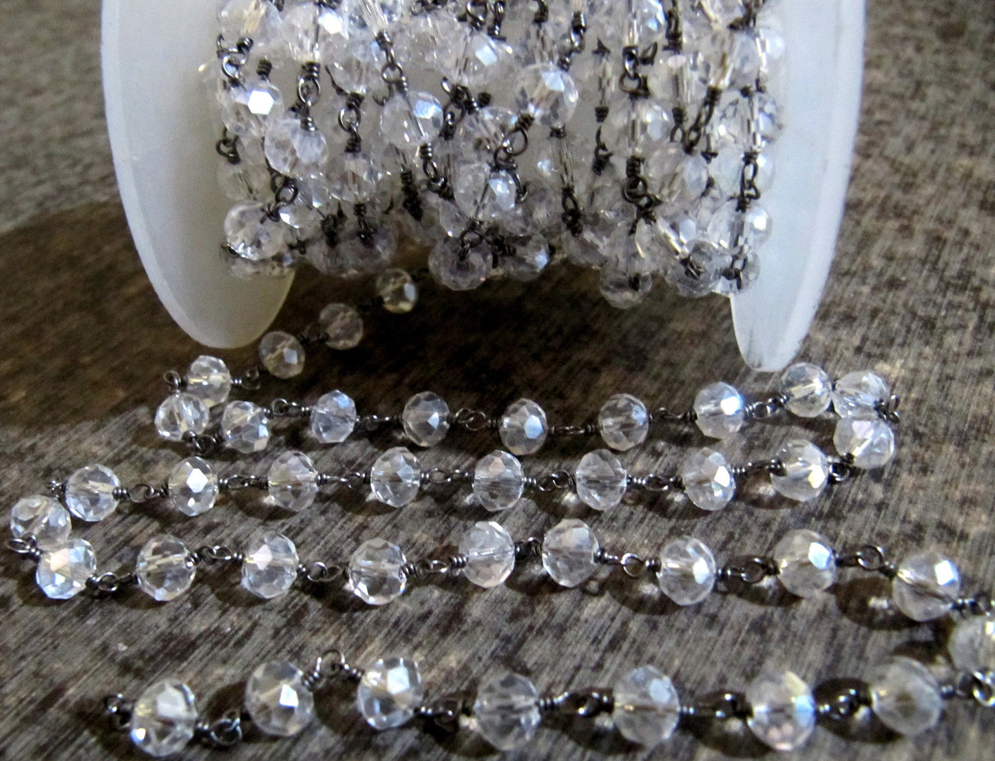 3 Feet- Crystal Quartz  Mystic Coated Beaded Rosary Chain Rondelle Faceted  6mm Clear Quartz Beads Chain Wholesale Prices