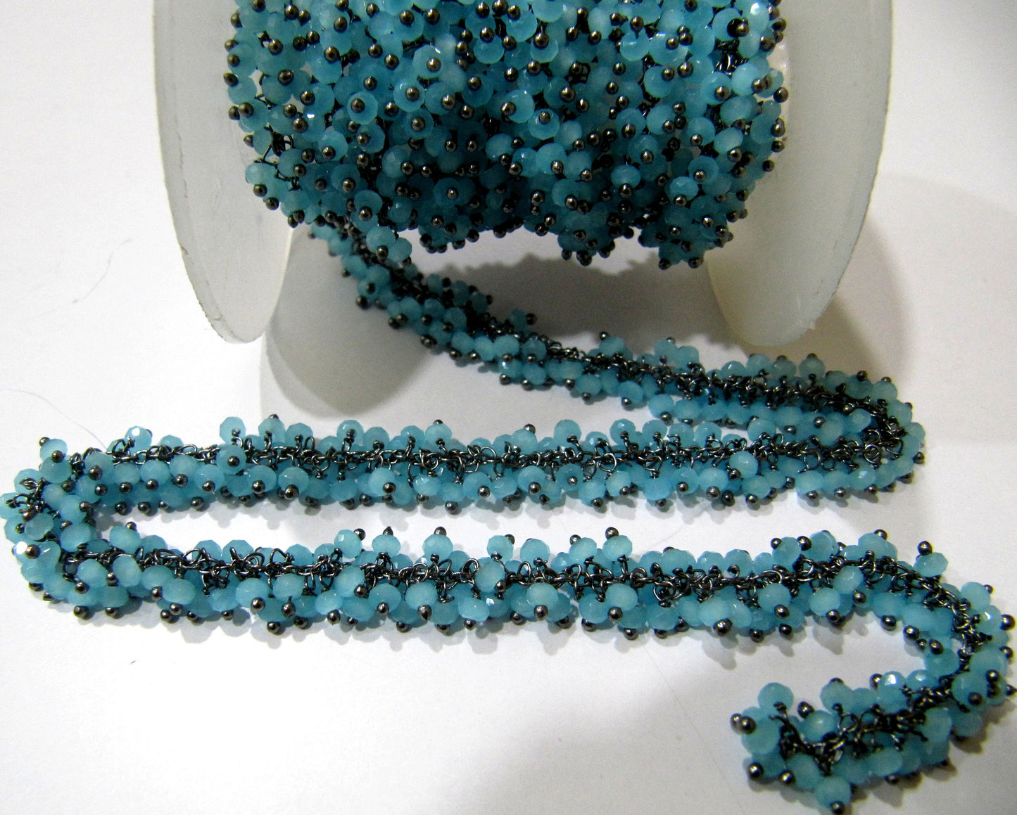 Aqua Chalcedony Hydro Quartz Rondelle Faceted 3mm Beads Cluster Dangling Chain Wire Wrapped Grape Beaded Rosary chain sold per foot