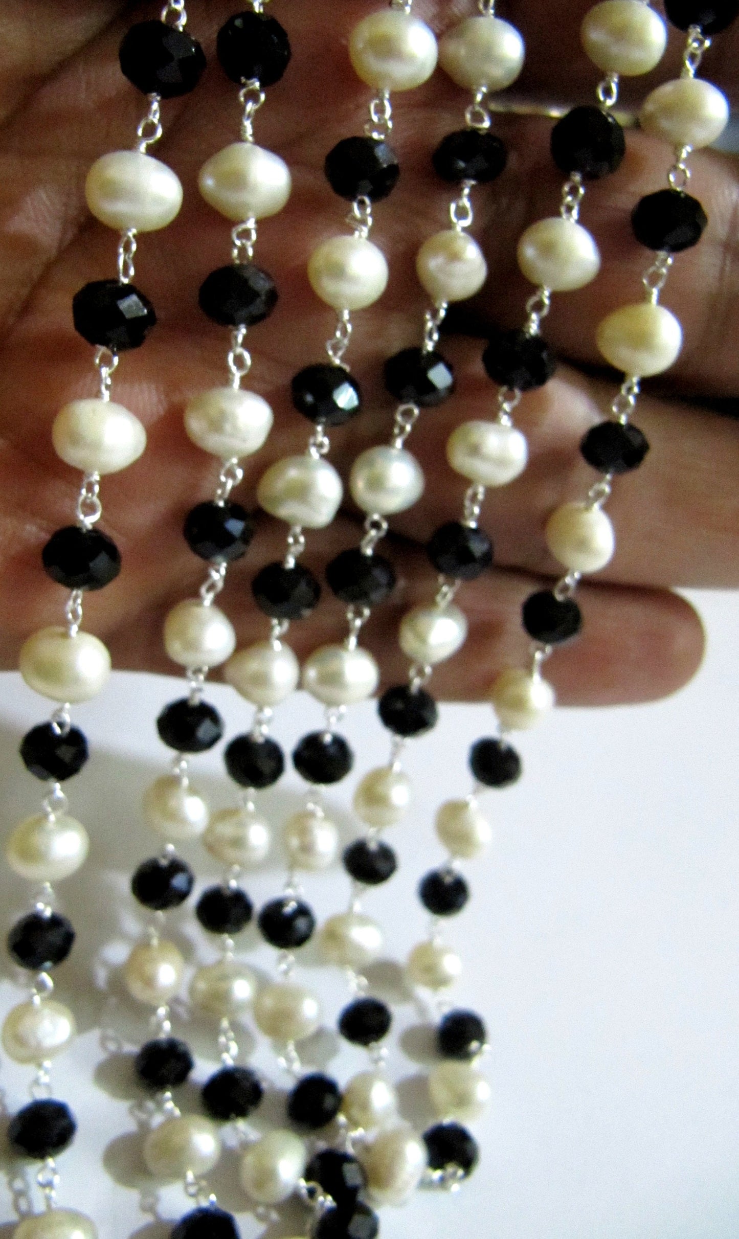 Natural Black Spinel And Pearl Beaded Chain 6mm Size Fresh Water Pearl Bead Rosary Chain Wholesale Prices gemstone chain sold per foot