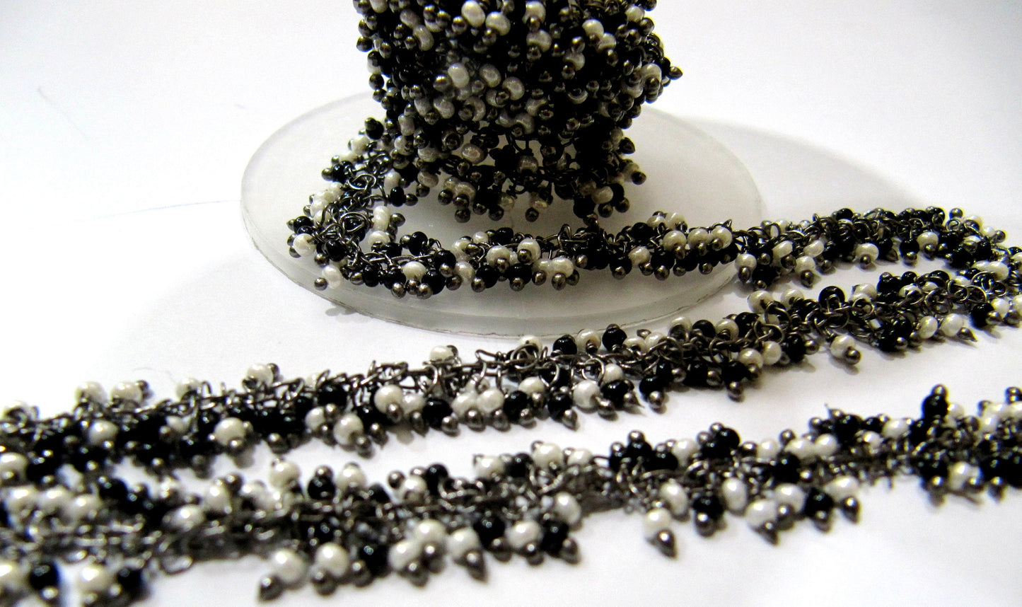 Pearl and Black Spinle 2mm Rondelle  Plain Smooth beads Wire Wrapped Chain Multi Beaded Cluster Dangling Handmade Beaded Chain sold per foot