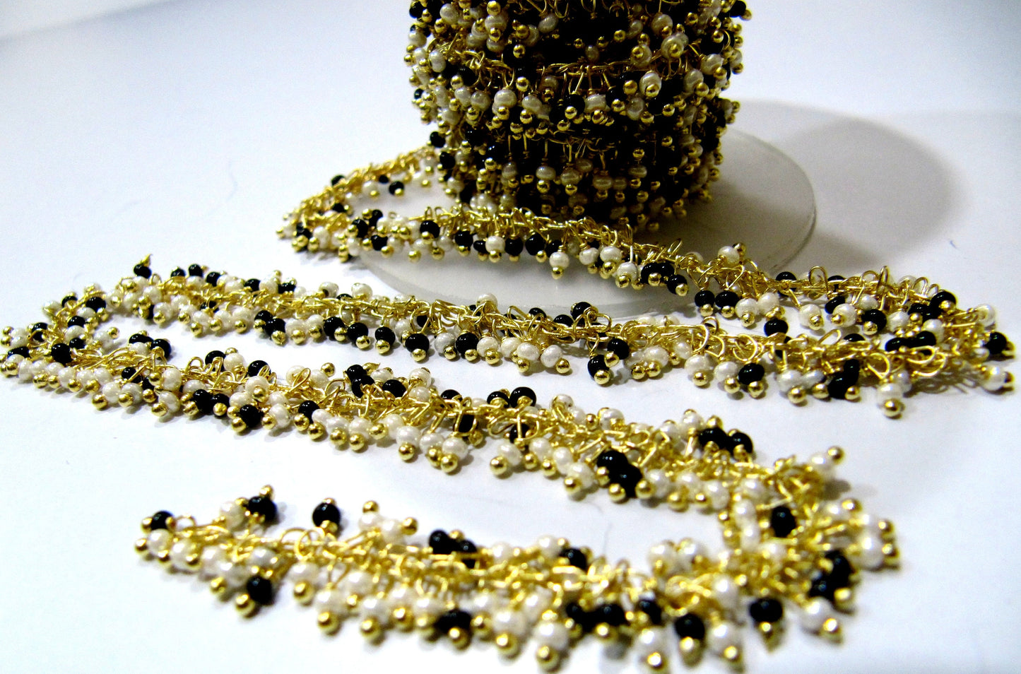 Pearl and Black Spinle 2mm Rondelle  Plain Smooth beads Wire Wrapped Chain Multi Beaded Cluster Dangling Handmade Beaded Chain sold per foot
