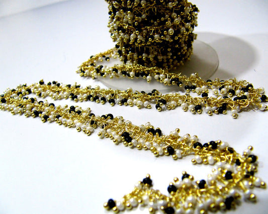 Pearl and Black Spinle 2mm Rondelle  Plain Smooth beads Wire Wrapped Chain Multi Beaded Cluster Dangling Handmade Beaded Chain sold per foot
