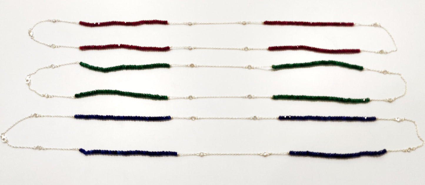 Natural Precious Gemstone 4mm Rondelle faceted Beaded Sterling Silver Necklace 34 Inches Ruby Sapphire Emerald CZ connector Link Necklace